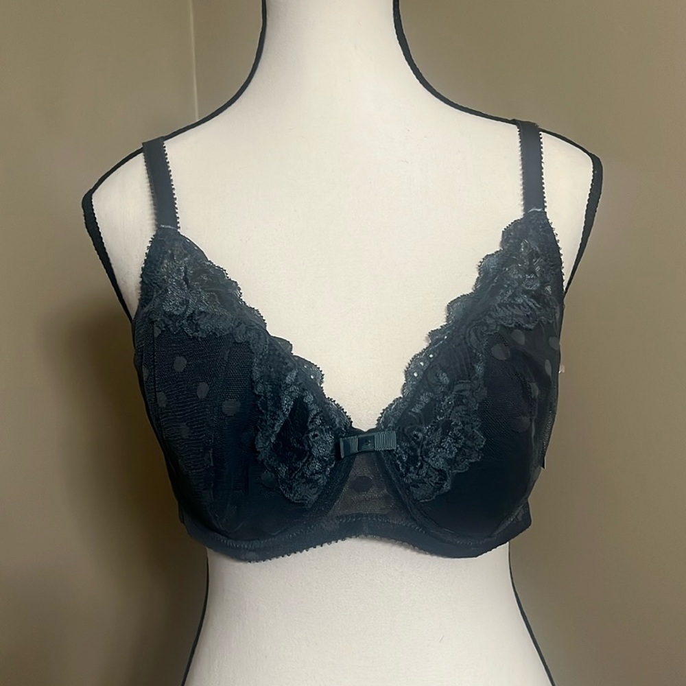 2/$24 Adore Me Bra Sz 34DD Lace Feminine Dark Slate Padded Underwire Polka Dots